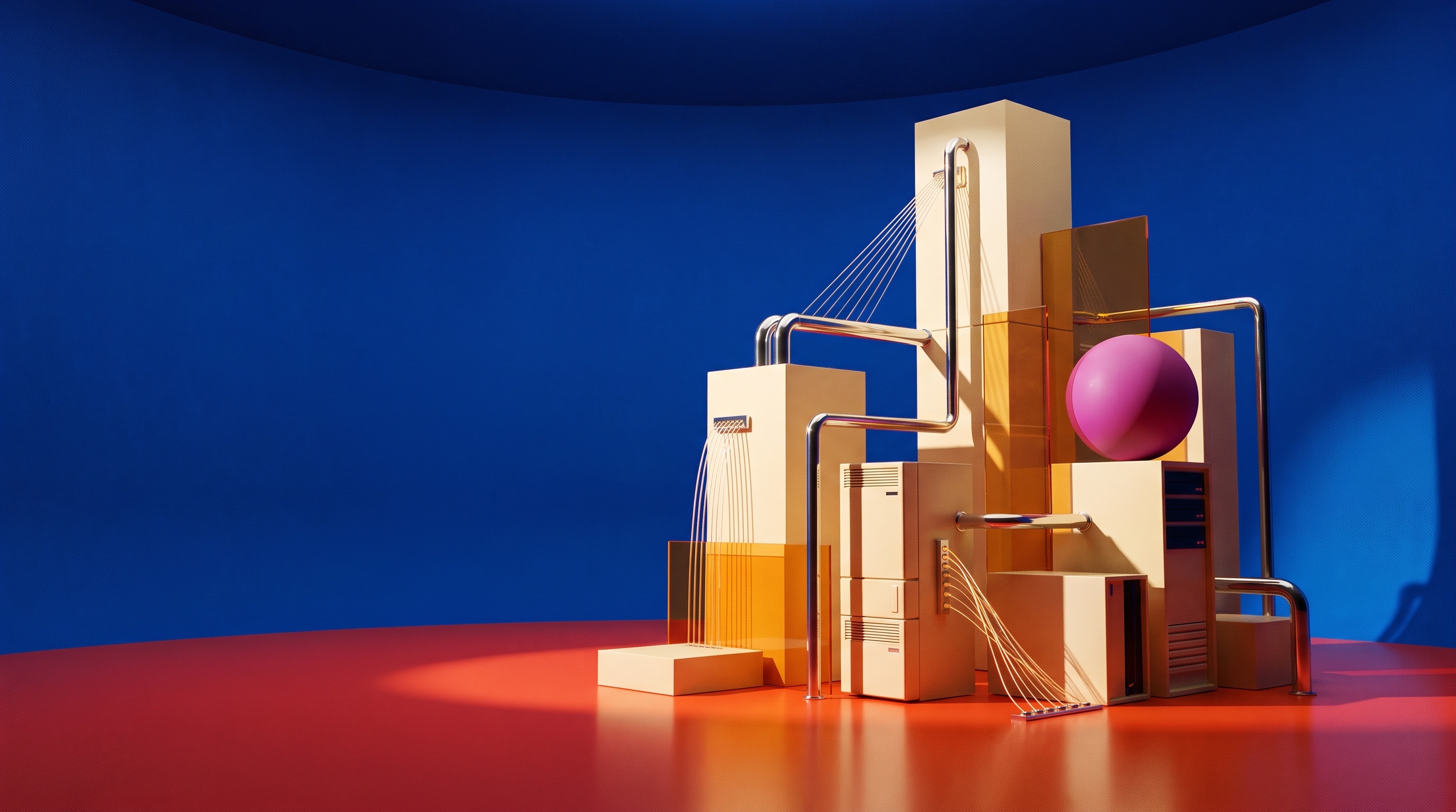 Cubist architectural installation made from cream modules, chrome pipes and vivid acrylic